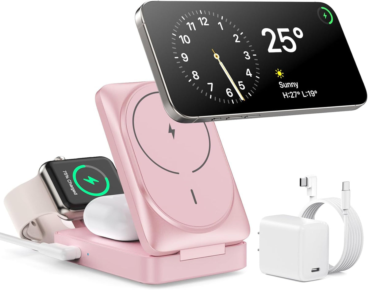 3-in-1 Wireless Charger Charging Station for iPhone, Qi2 Certified 15W Fast Charging Foldable Magnetic Charger Stand with 30W USB C Adapter for MagSafe iPhone 16/15/14/13/12, Apple Watch, AirPods