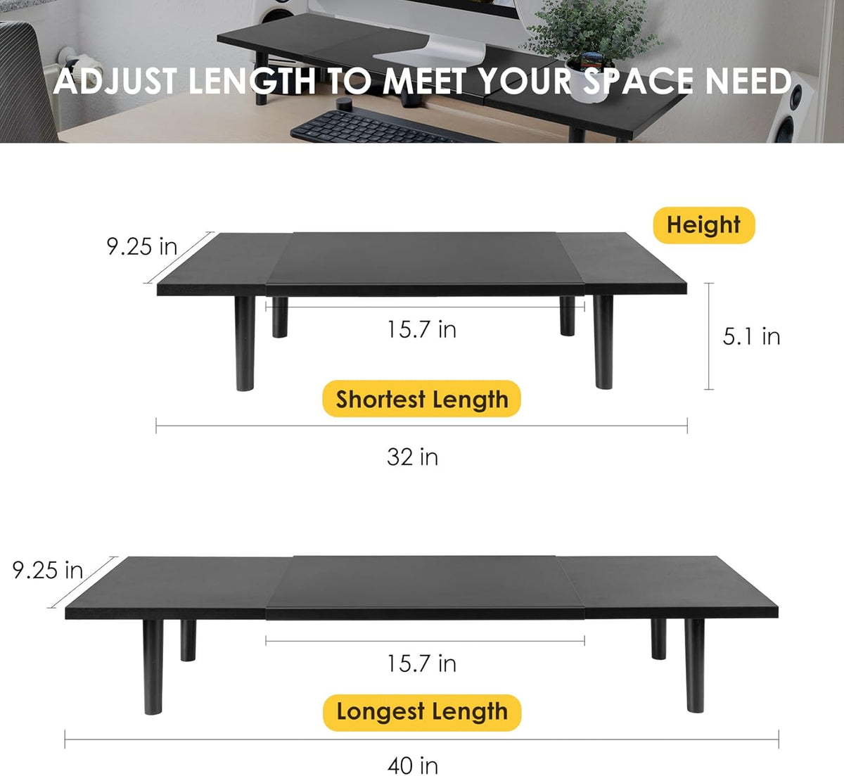 Dual-Monitor-Stand-Riser-For-Desk Adjustable Length 32-40 Inch，Large Desktop Computer Monitor Riser For 2 Screens，Desk Shelf Organizer Riser Stand For Computer/Laptop/PC/Printer/TV Black