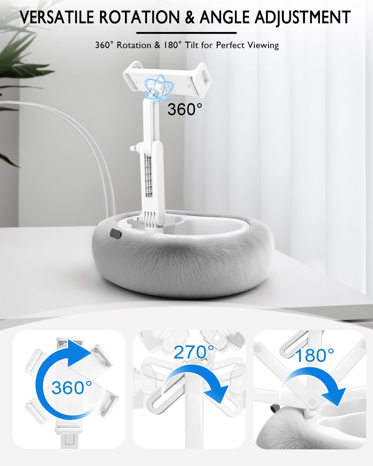 Tablet Pillow Stand, Compatible with 4.7"-12.9" Kindle, iPad, Phone/Tablet, Google, 360° Rotating Phone Holder for Bed, Detachable Bowl, Reading and Relaxation on Bed, Gray, Large (Faux Fur Pillow)