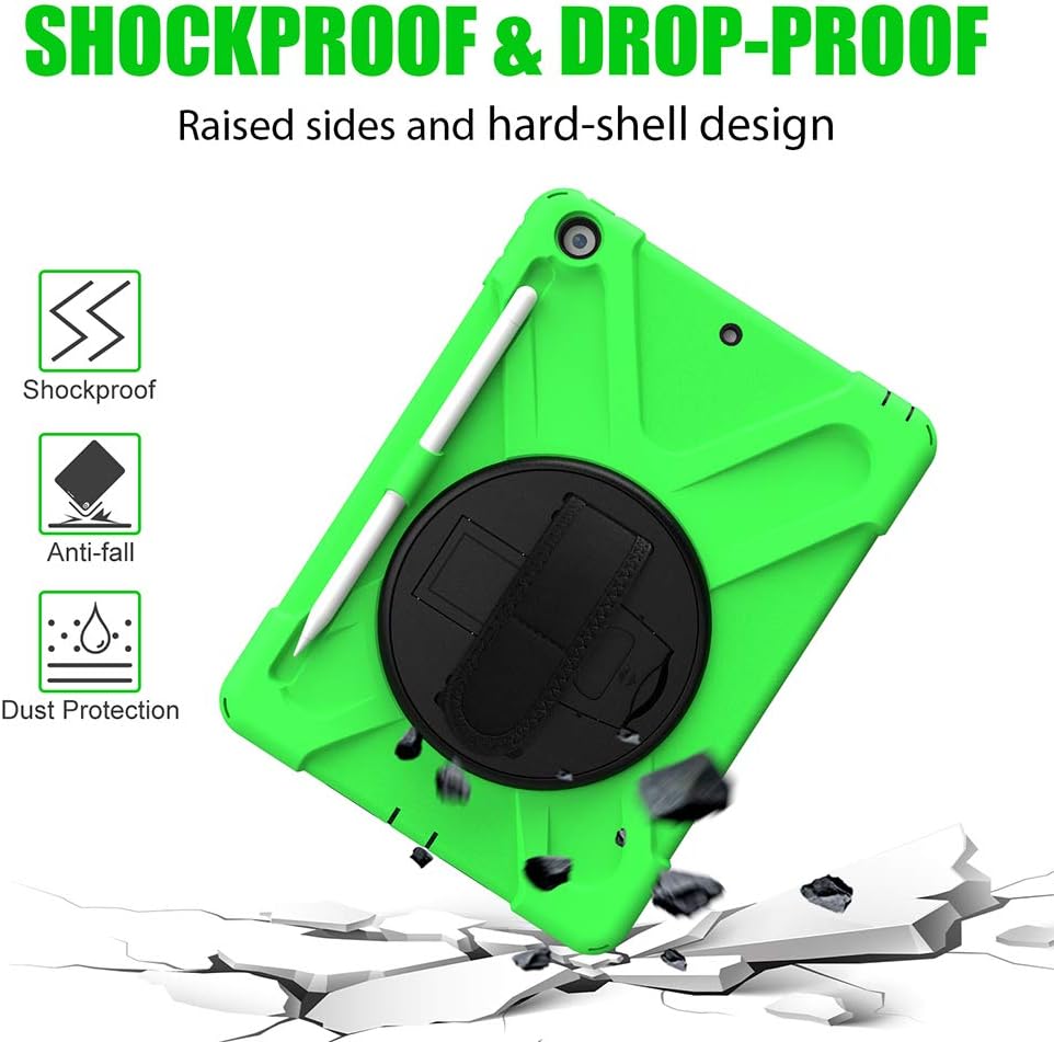 ZenRich Shockproof Case for iPad 9th/8th/7th Generation 10.2 inch 2021/2020/2019, Heavy Duty Rugged Case with Pencil Holder/360° Rotating Kickstand/Handle/Carrying Strap, Green