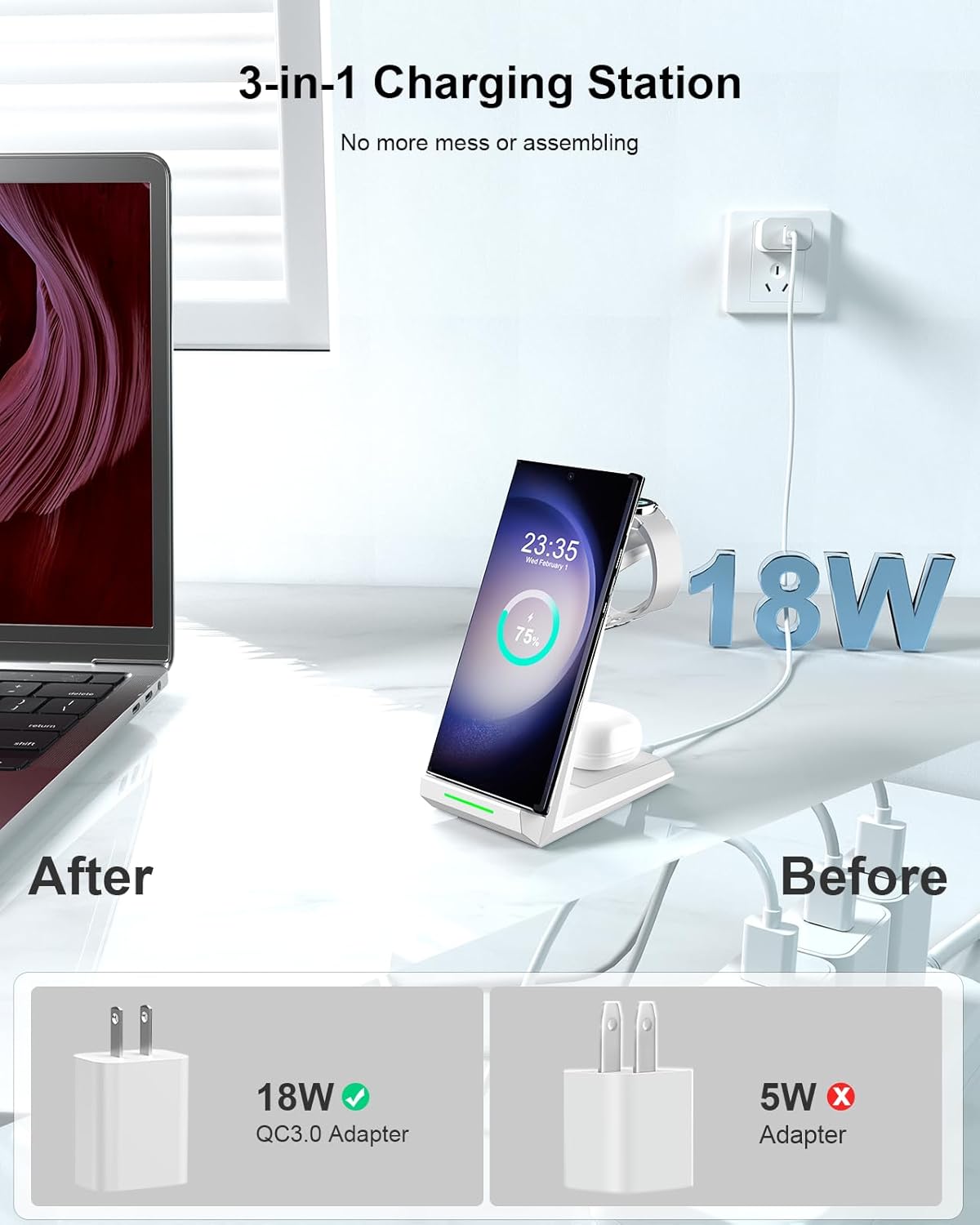 Wireless Charging Station for Samsung - NANAMI 3 in 1 Wireless Charger for Multiple Devices, Fast Charger Stand for Galaxy S25 S24 S23 Ultra S22 S21 Z Flip Fold 4,Watch 6/5/5 Pro/4/3,Galaxy Buds 2 Pro