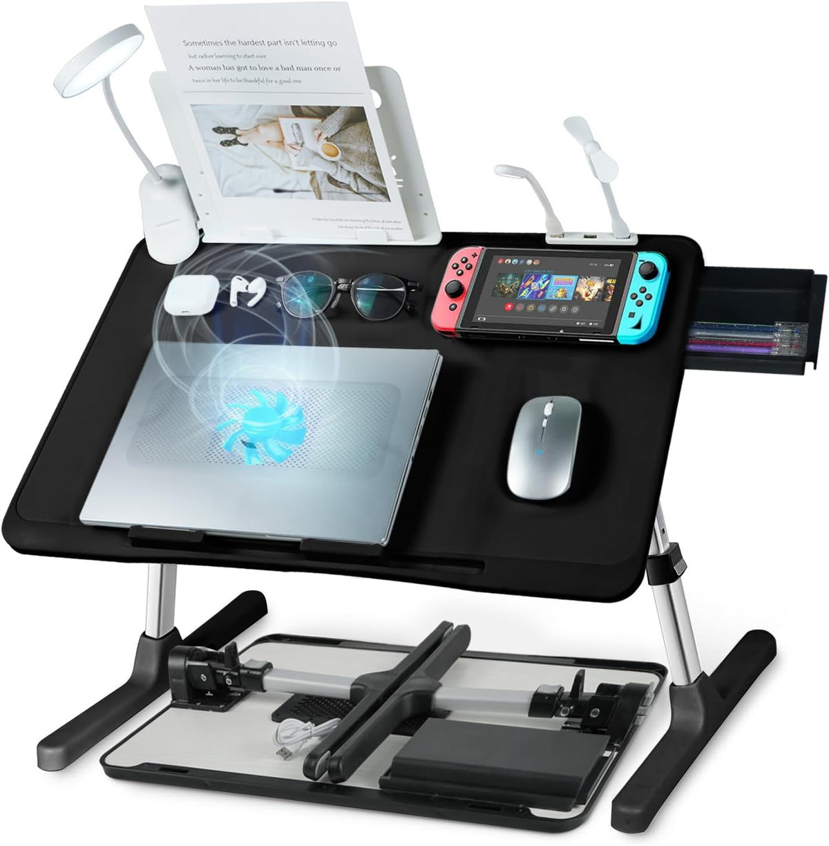 Laptop Lap Desk with Cooling Fan - Adjustable with Light, USB, Storage Drawer - Folding Bed Desk,23.62"*15.74",Black