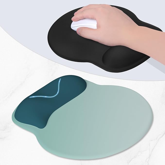 ITNRSIIET Ergonomic Mouse Pad with Wider Memory Foam Wrist Rest +17% - Curved Cushion Reduces Pressure 20%, Pain Relief, Non-Slip, Smooth, Cute Colors, 9.85 x 9 in, Light Green to White