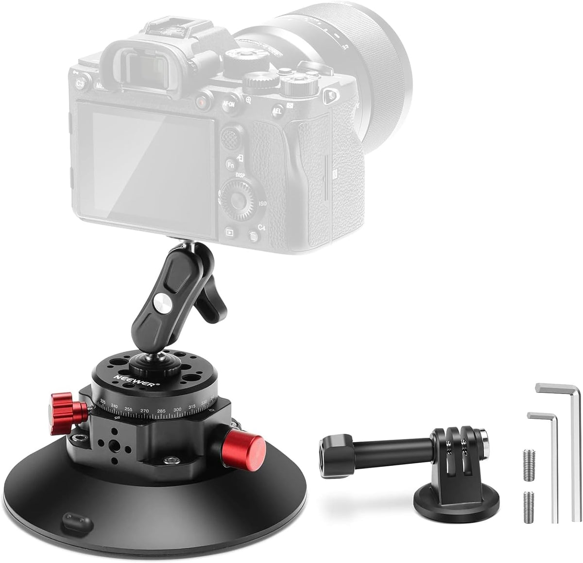 NEEWER 6" Suction Cup Camera Mount with Ball Head Magic Arm, 2 Pack Metal Car Mount for Camera/Action Camera/Phone, Air Pump Vacuum on Car or Window Glass with 1/4" 3/8" ARRI Mounting Holes, CA013