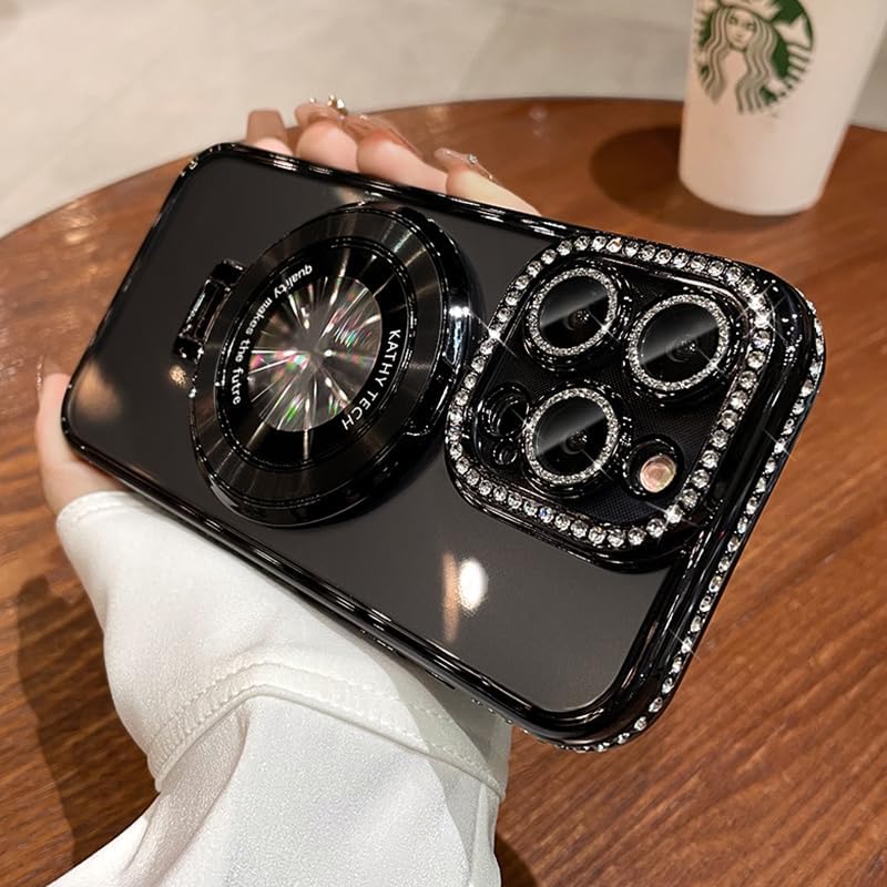Magnetic Kickstand (Glitter Lens Protector ) Case for iPhone 15 14 13 12 Pro Max (Compatible with Magsafe ) Sparkling Diamond Cover Glitter Shiny Rhinestone Cases (Black,for iPhone 15 Pro)