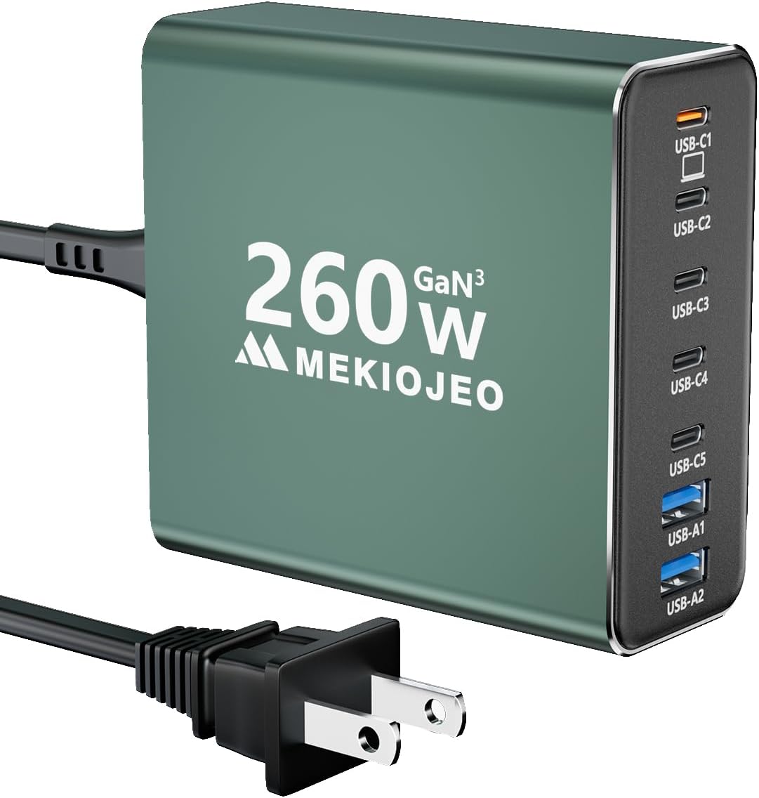 Aluminum Alloy USB C Charger 260W GaN Fast USB C Charging Station 7 Ports 65W Laptop Charger for MacBook Pro/Air/iPad Pro/iPhone (Green-5C2A)