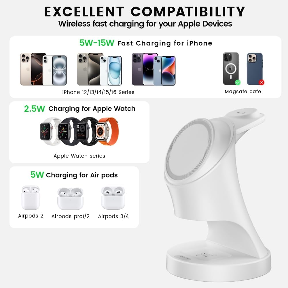 3 in 1 Wireless Charging Station for Apple Devices,Magsafe Charger Stand for IPhone16 15 14 13 12 Pro/Max/Plus/Mini Wireless Charger Station for AirPods 2/3/Pro iWatch Ultra/8/7/SE/6/5/4/3/2 (White)
