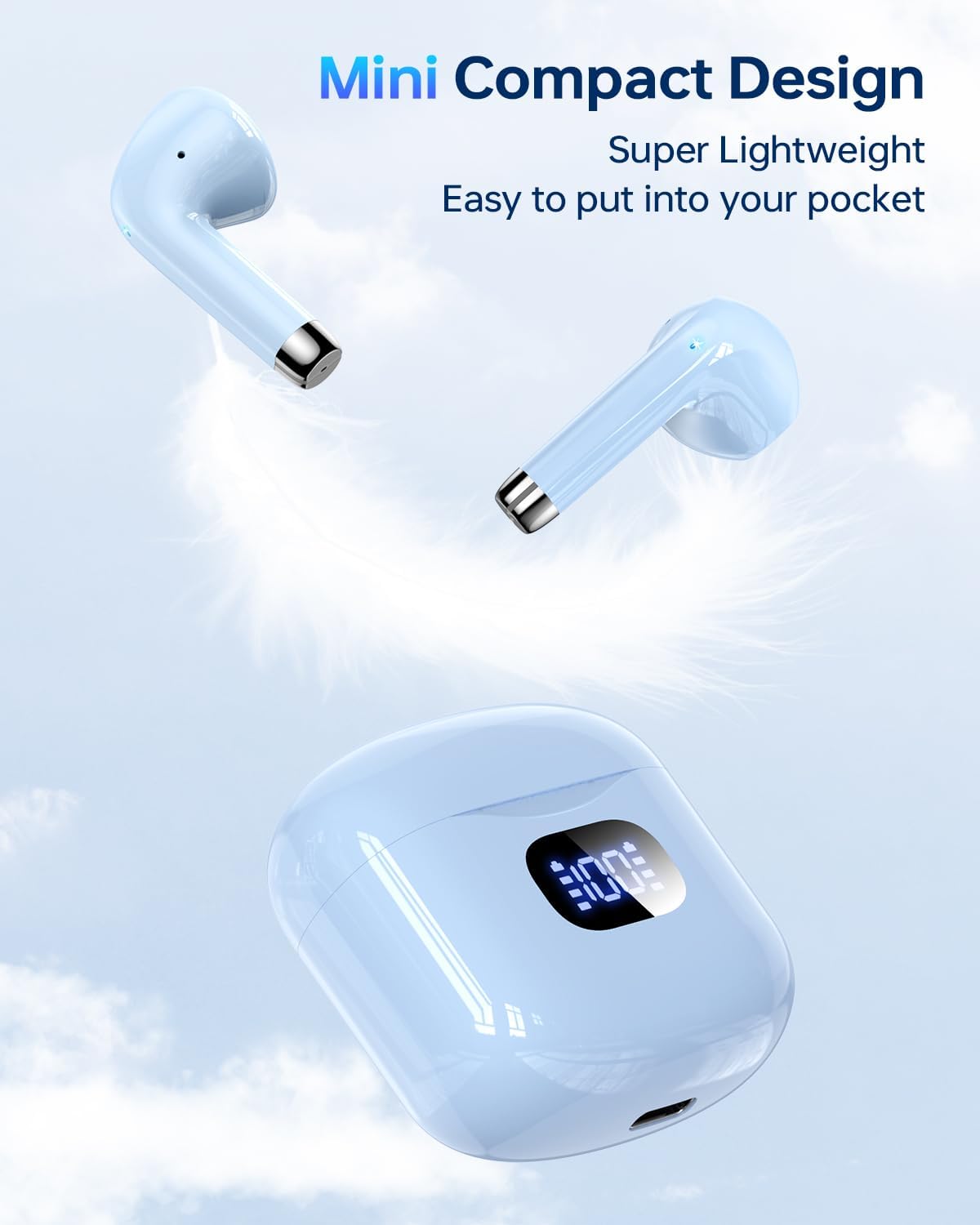 Wireless Earbuds Bluetooth 5.3 Headphones, 40Hrs Playback Stereo Ear Buds with LED Display Charging Case IPX7 Waterproof in-Ear Earphones with Mic for Phone Tablet Laptop Sports, Blue