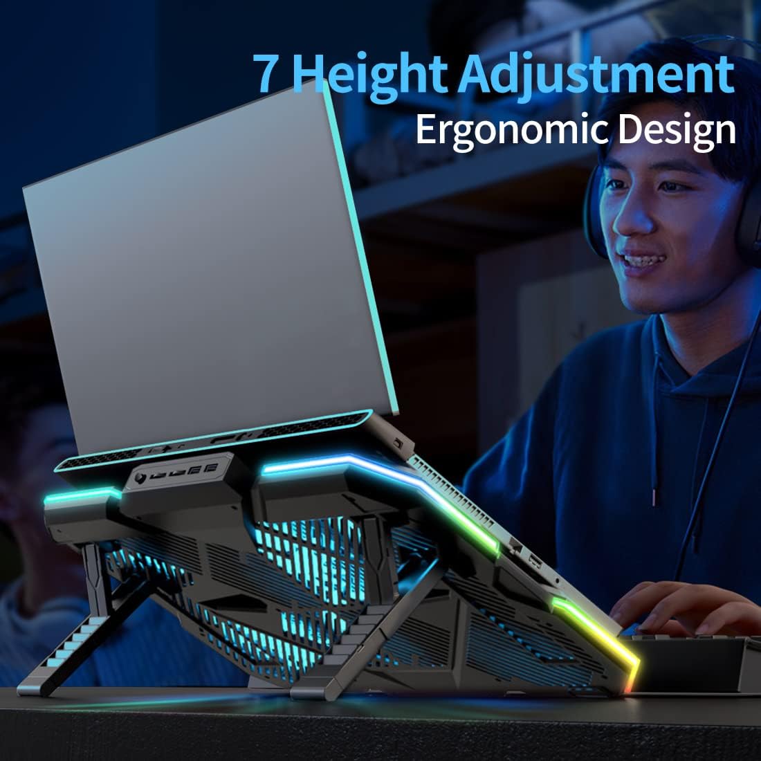 LIANGSTAR Laptop Cooling Pad Gaming Laptop Cooler, Laptop Fan Cooling Stand with 6 Quiet Fans for 15.6-17.3 Inch, 7 Height Adjust, RGB LED Light 4 Modes, Switch Control Fan Speed, 2 USB Port, 2023 New