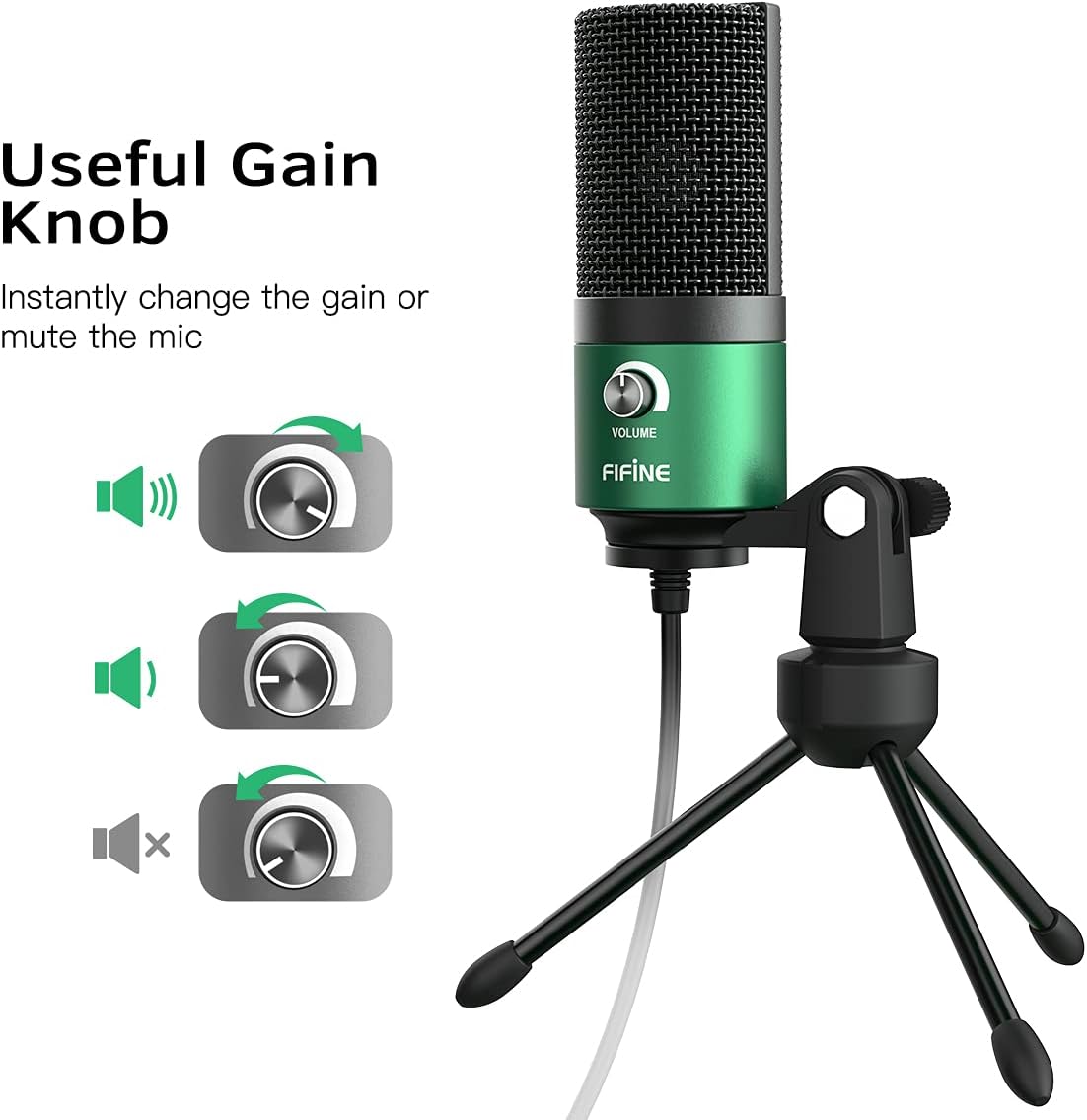 FIFINE USB Gaming Microphone for PC Desktop, PS4 and Mac, Gain Control, External Condenser Computer Mic for Streaming, Podcasting, Twitch, Discord, Green - K669G