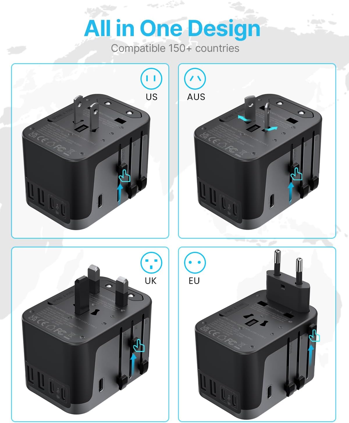 Universal Travel Adapter, VINTAR International Power Adapter with 6A 3 USB C and 2 USB Ports, All in One Travel Essentials Plug Adapter, Worldwide Outlet Converter for Europe UK USA AUS(Type C/G/A/I)