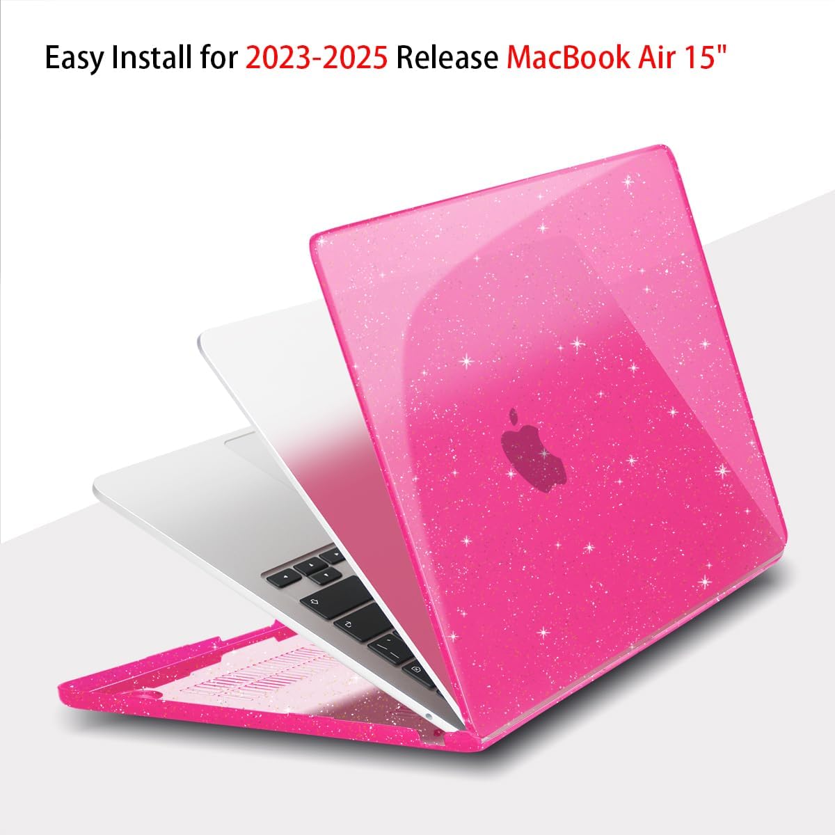 Teryeefi Compatible with MacBook Air 15 inch Case M4 M3 M2 Chip 2025 2024 2023 Release A3241 A3114 A2941 Model with Keyboard Cover + Type C Adapter for Air 15.3 Sparkly Case, Glitter Rose Pink