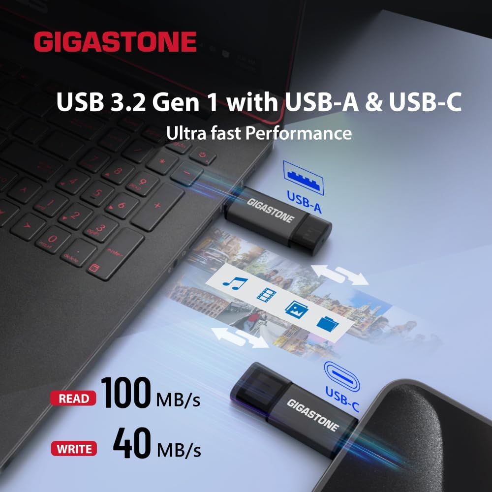 GIGASTONE 256GB Dual Flash Drive (2 Pack) Z40 USB 3.2 Gen 1, 2-in-1 Type-A & Type-C, 100MB/s Ultra Fast, Head Cap Design, Plug & Play for Smartphone/PC/Mac/TV/Car Audio, USB 2.0/3.0/3.1 Compatible