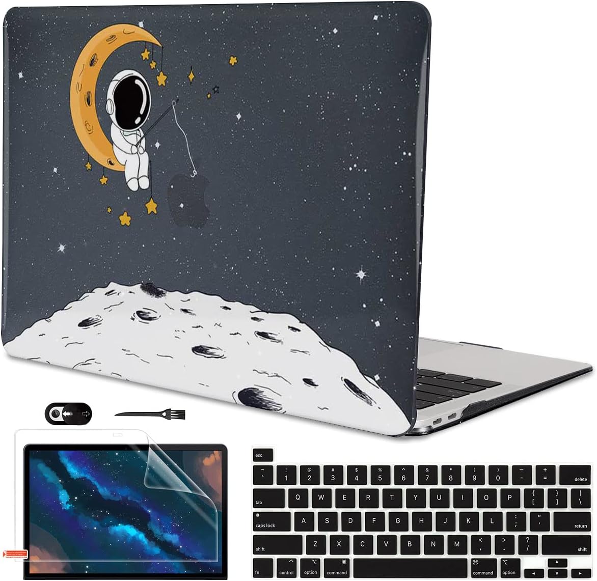for MacBook Pro 13 inch Case M2 2022 2021 2020 Release A2338 M1 A2289 A2251 with Touch Bar & Touch ID, Astronaut Moon Glitter Black Plastic Hard Laptop Cover Keyboard Skin Screen Protector