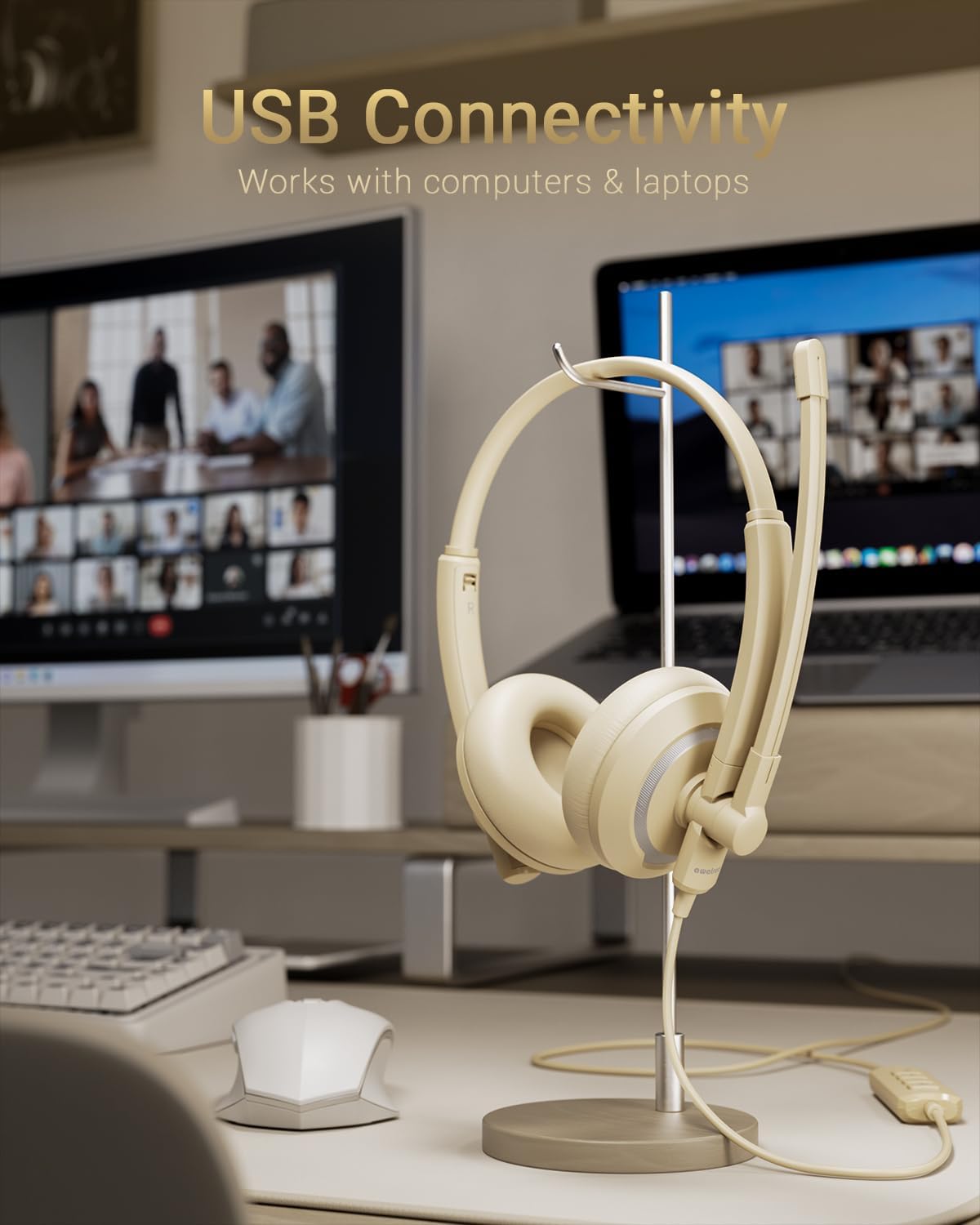 USB Headset with Microphone for PC Laptop - Headphones with Noise Cancelling Microphone for Computer,On-Ear Wired Office Call Center Headset for Boom Skype Webinars,Lightweight-Apricot