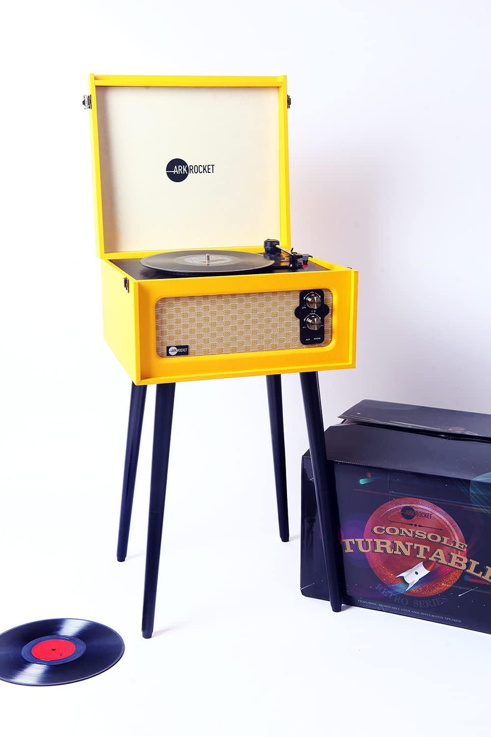 Arkrocket 3-Speed Bluetooth Record Player Retro Turntable with Built-in Speakers and Removable Legs (Yellow)