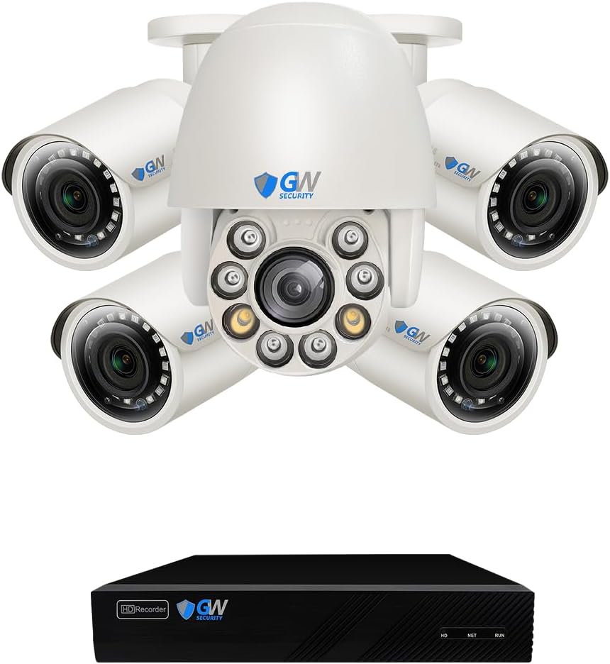 GW Security 8 Channel 4K NVR 5MP PoE Smart AI Security Camera System with 4 x 5MP Bullet Cameras and 1 x 5MP 5X Motorized Zoom Two-Way Audio PTZ Camera, Outdoor Indoor Video & Audio Surveillance