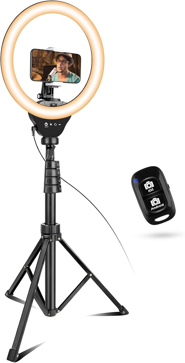 10" Selfie Ring Light with 50" Extendable Tripod Stand & Flexible Phone Holder for Live Stream/Makeup, UBeesize Mini Desktop Led Camera Ringlight for YouTube Video, Compatible with iPhone/Android