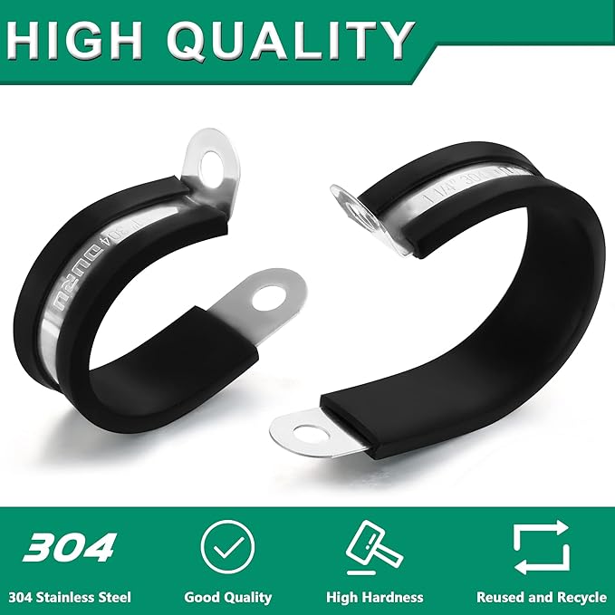 OURU 10pcs 1-3/4 Inch Stainless Steel & Rubber Coated Cushioned Insulated Cable Clamps, Automotive Pipe & Wire Clamps, Black