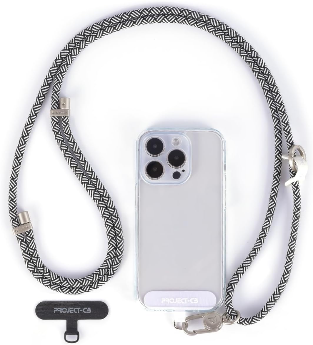 project-cb Cell Phone Lanyard 1,Phone Tether Tab 2,Crossbody Strap,Lanyards for Around the Neck,Adjustable Strap 80-160cm (White-Black-S)