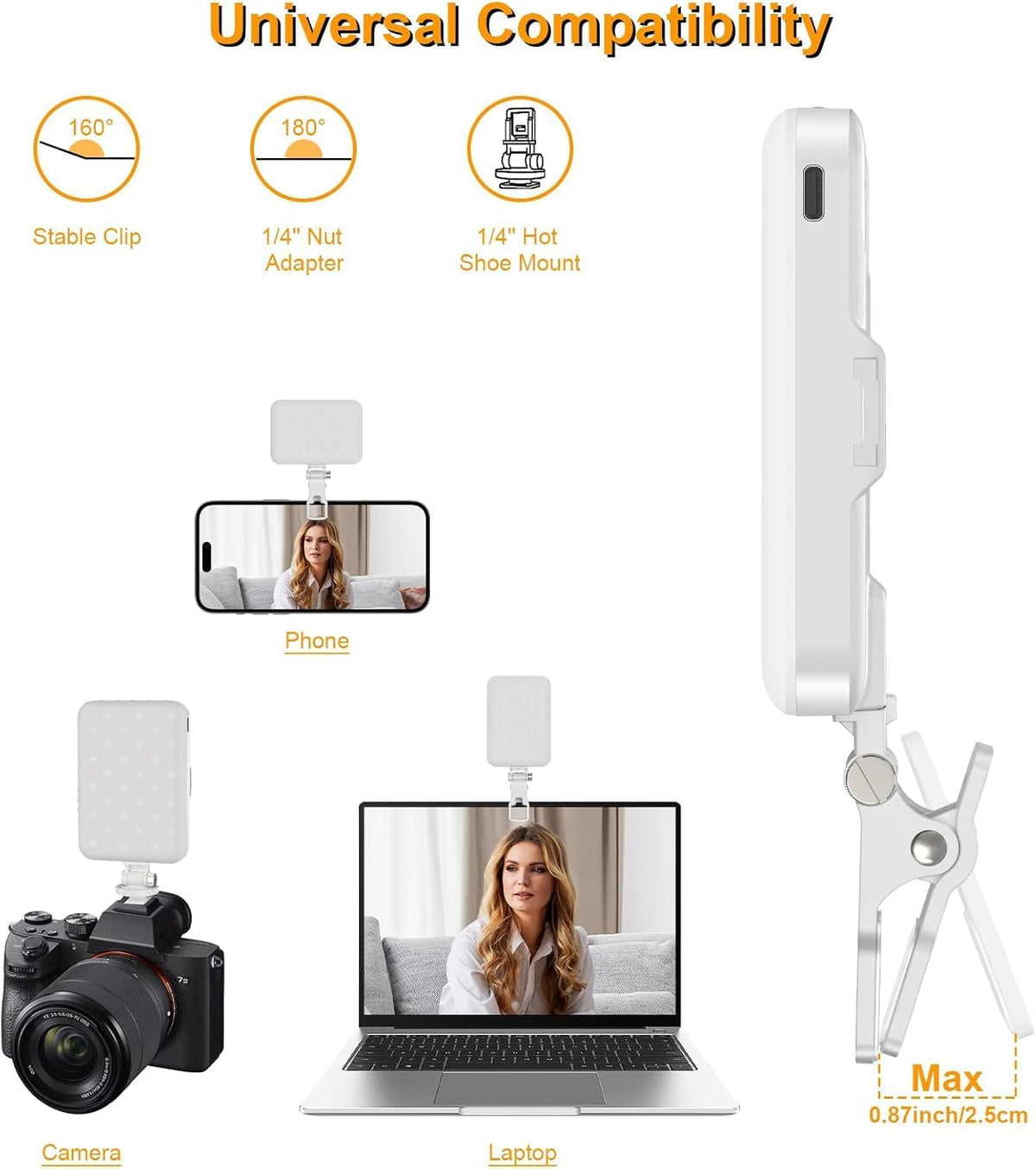 Selfie Light, LED Camera Light Video Lights 60 LED 2200mAh Rechargeable Phone Light 7 Modes, 10-Level Brightness, Portable Clip on Light for Phone/Tablet/Laptop White