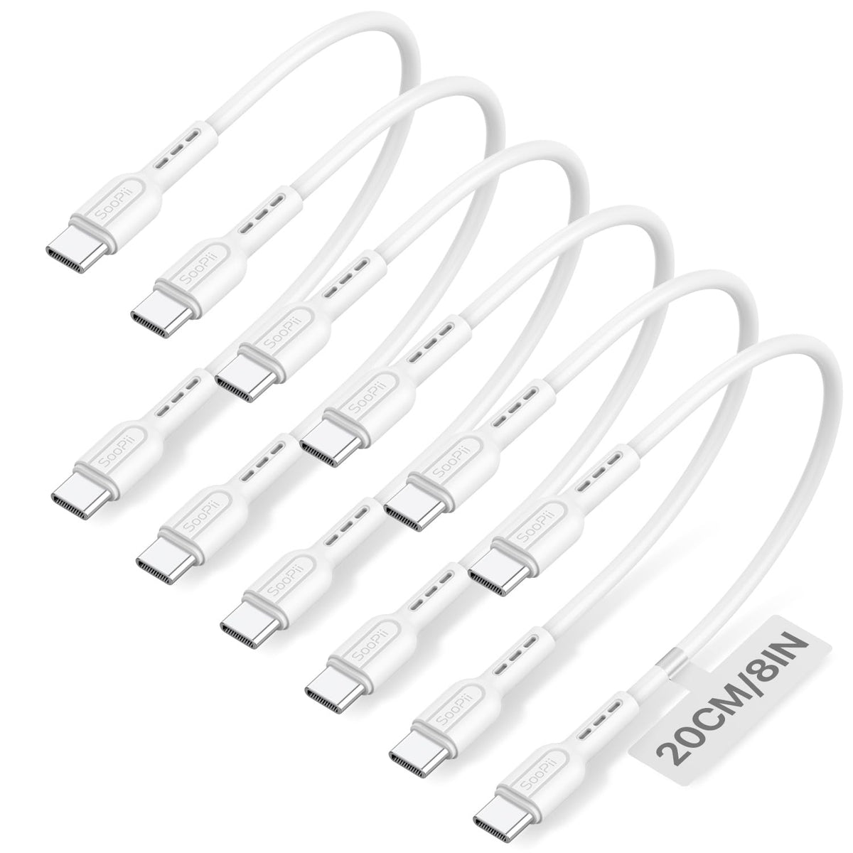 6-Pack Cables,8 Inch/0.7Ft 60W SOOPII Short USB C to USB C Type C Fast Charging Cables,Compatible