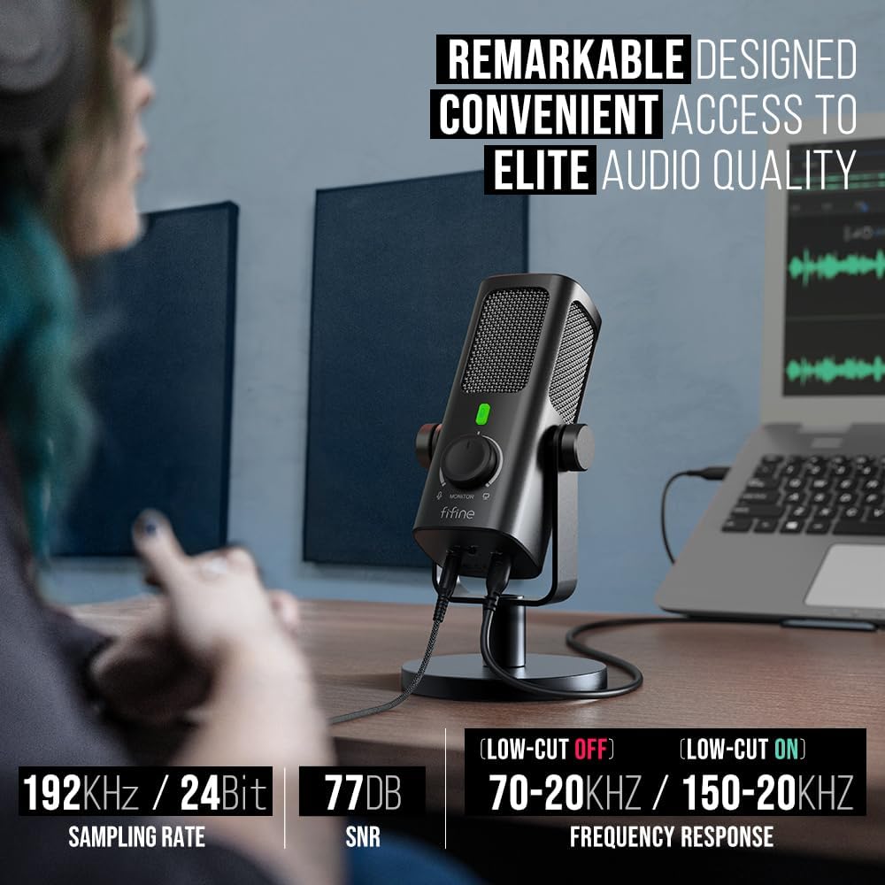 FIFINE USB-Podcast-Condenser-Microphone for Studio-Recording/Computer-Streaming, Desktop-Metal-Mic for YouTube Music Vocal Creation, with Monitor-Mix Volume-Control, Low-Cut Switch (PROFILE3)