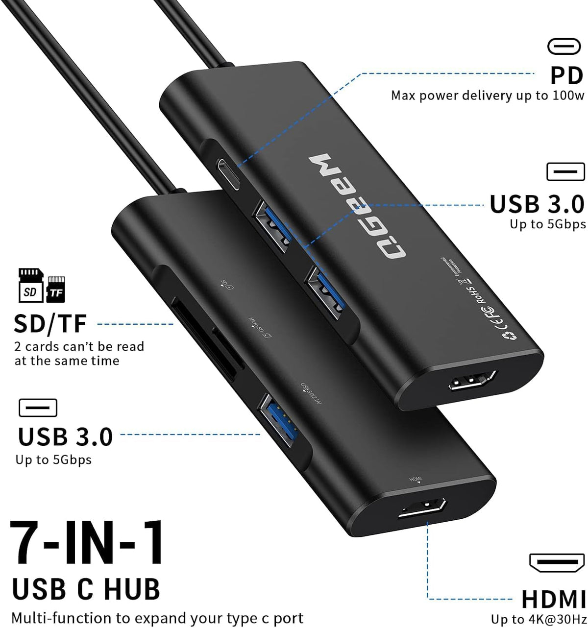 USB C Hub, QGeeM USB 4k to HDMI Adapter, 7 in 1 USB-C Dongle with 100W PD,USB 3.0, Card Reader, Compatible for MacBook iPhone 15/16 Ipad Pro max,Chromebook Laptop USB Type C Dock-Black