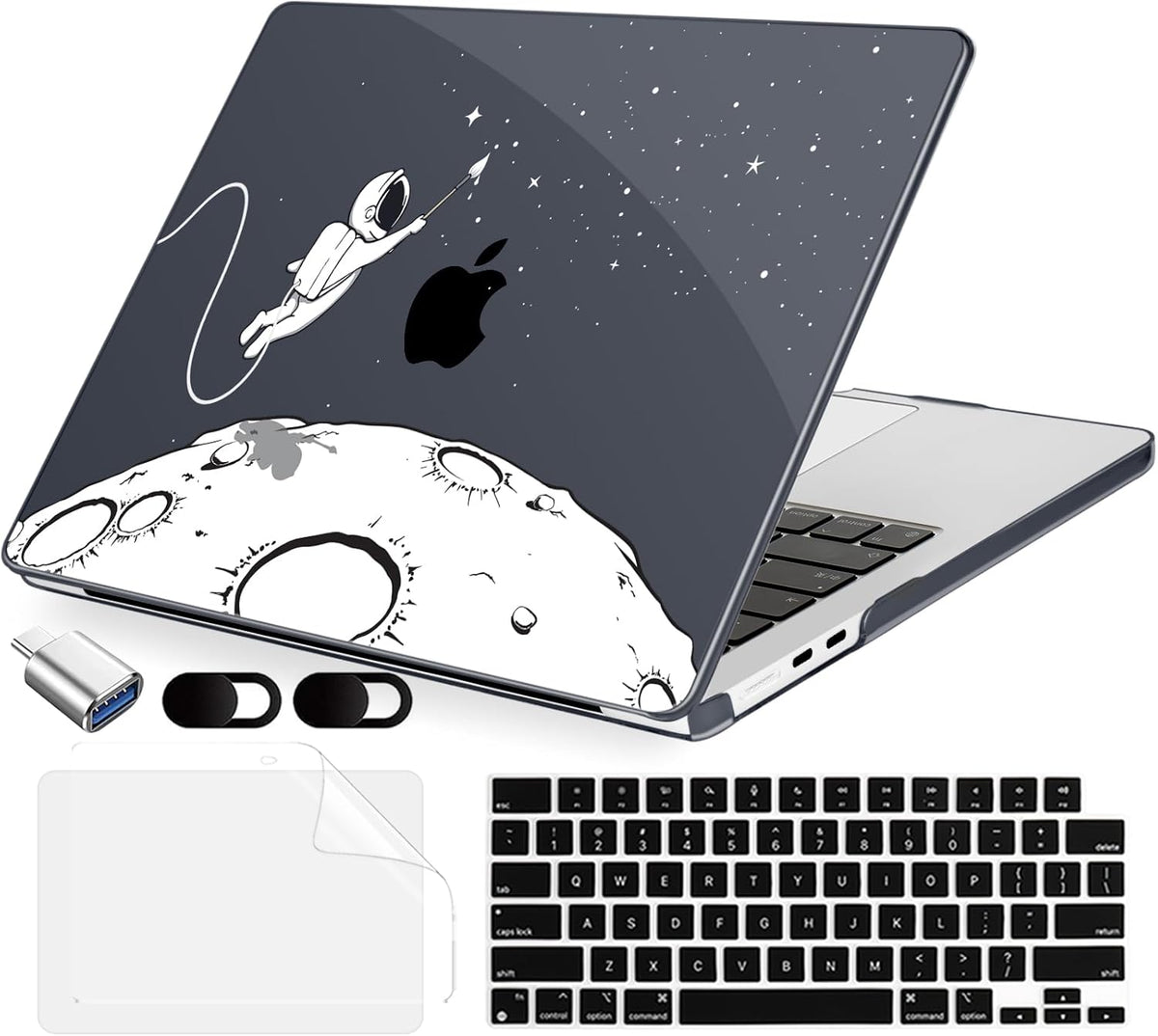 Compatible with MacBook Air 15 inch Case, M4 A3241/M3 A3114/M2 A2941 (Released 2025 to 2023), Hard Shell, Keyboard Cover, Screen Protector, Webcam Cover & Type-C Adapter, Astronauts Stars