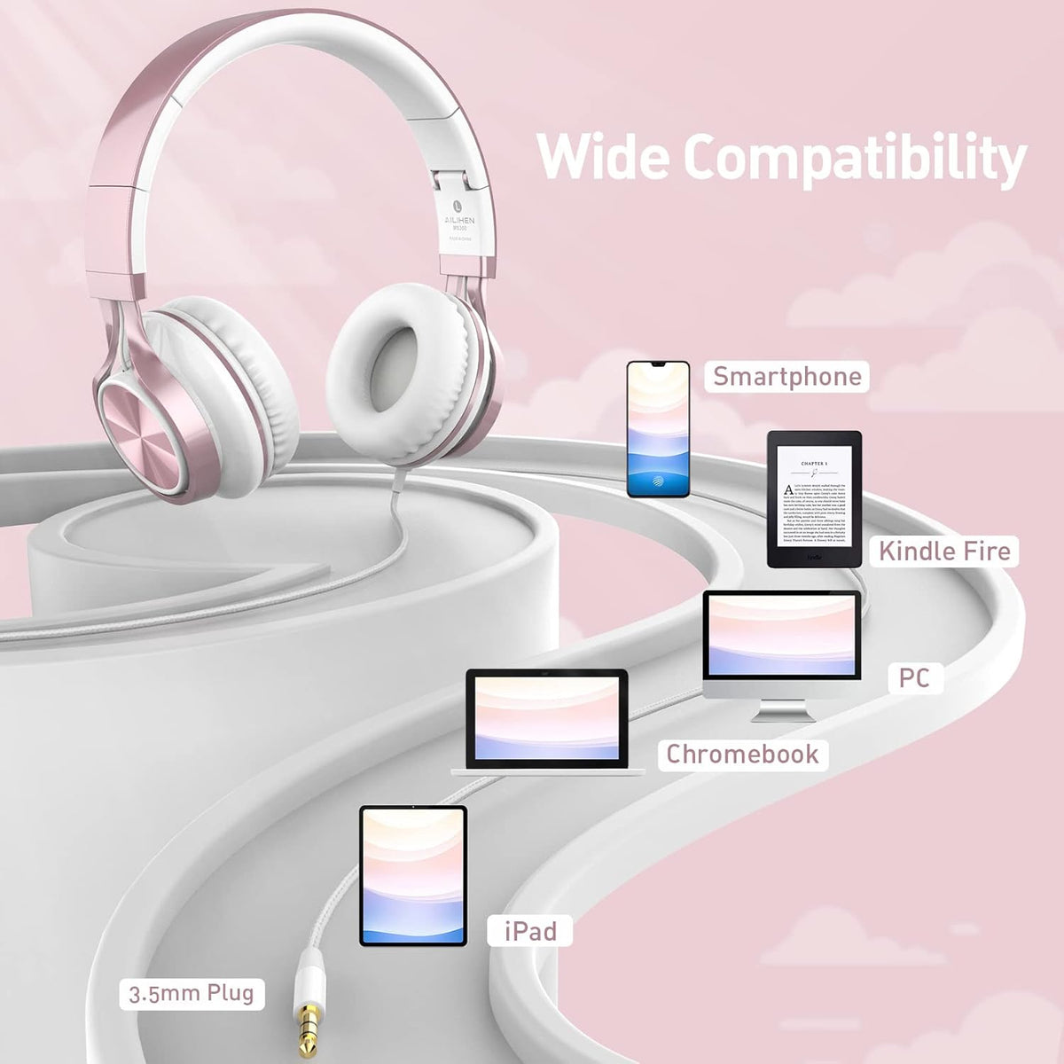 AILIHEN Kids Headphones, Headphones for School Girls Wired On-Ear Headsets with Microphone for Chromebook Laptop Computer, Foldable Adjustable Teen, Tangle-Free, 3.5mm Jack (Rose Gold)