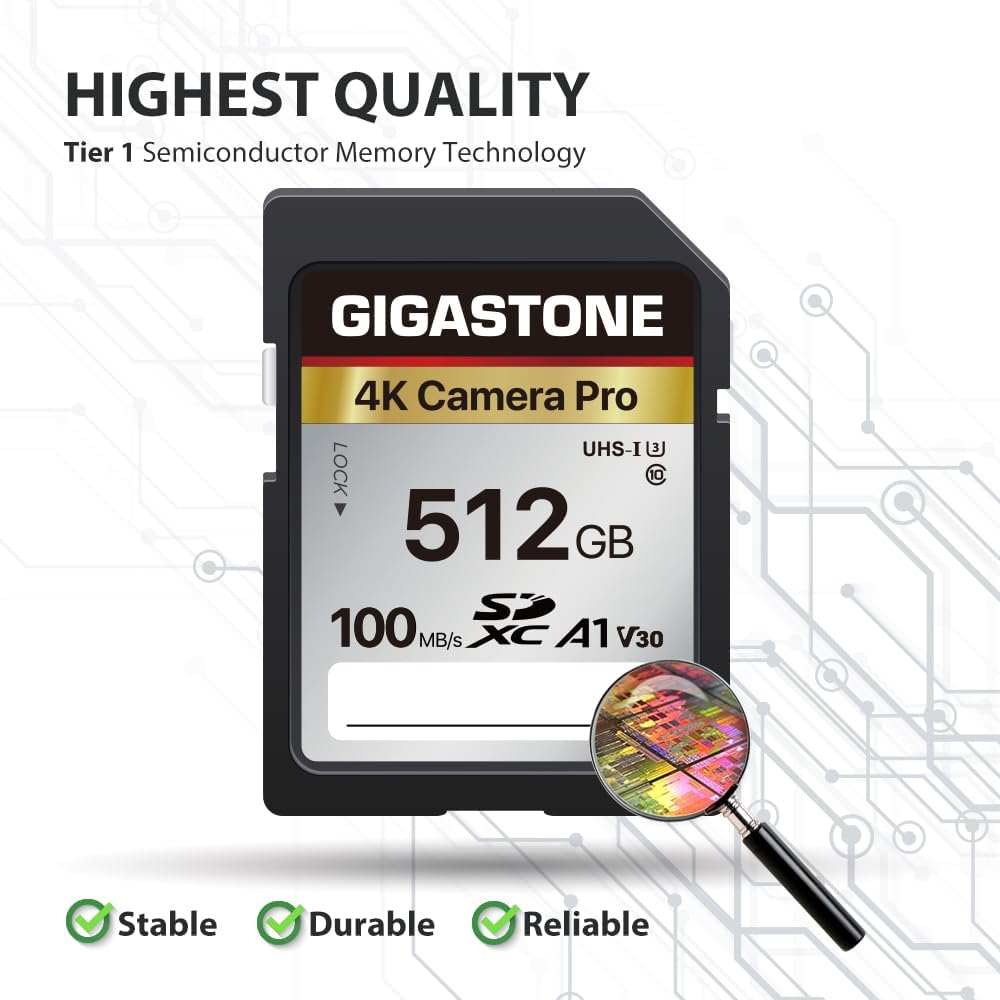 [5-Yrs Free Data Recovery] GIGASTONE 512GB Memory Card 4K Pro Series Speed Up to 100MB/s Compatible with Canon Camcorder, A1 V30 UHS-I