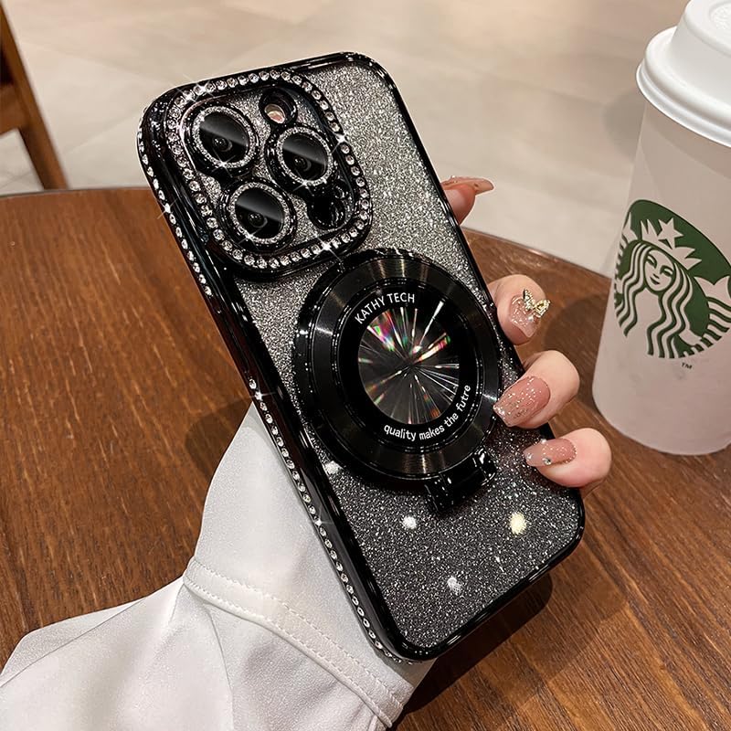 Magnetic Kickstand (Glitter Lens Protector ) Case for IPhone 15 14 13 12 Pro Max (Compatible with Magsafe ) Sparkling Diamond Cover Glitter Shiny Rhinestone Cases (Black,for iPhone 12)