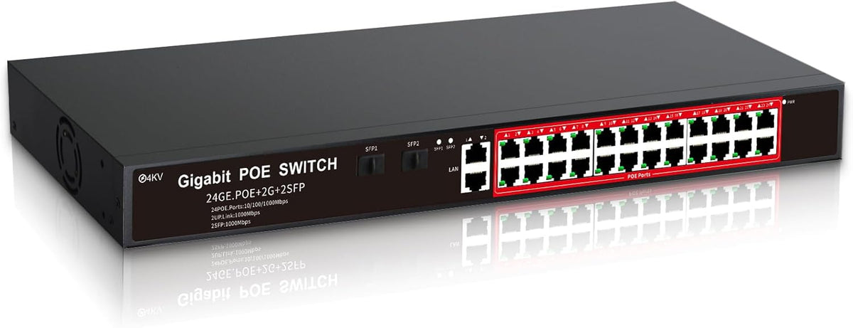 STEAMEMO 24-Port Managed Gigabit PoE+ Switch | 24×PoE+ Ports@360W, 2×Gigabit Uplinks, 2×SFP | VLAN, QoS, Port Mirroring | Metal Casing, Plug & Play | Overload Protection w/ Port