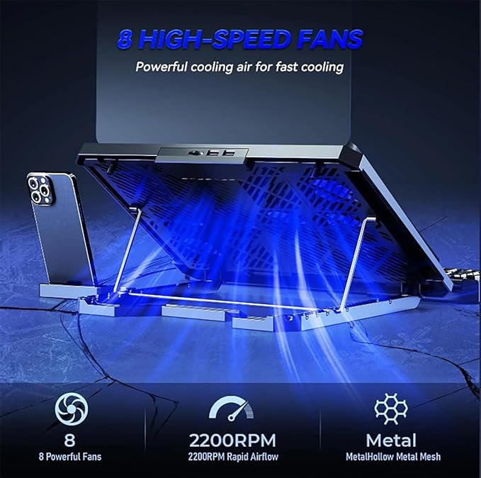 Laptop Cooling pad for Hp HP EliteBook 735 G5 Gaming laptops Laptop Cooler with 8 Fan Adjustable Speed 5-Level Height Adjustment Mute Silent2 USB-A PortBuilt-in Phone Stand