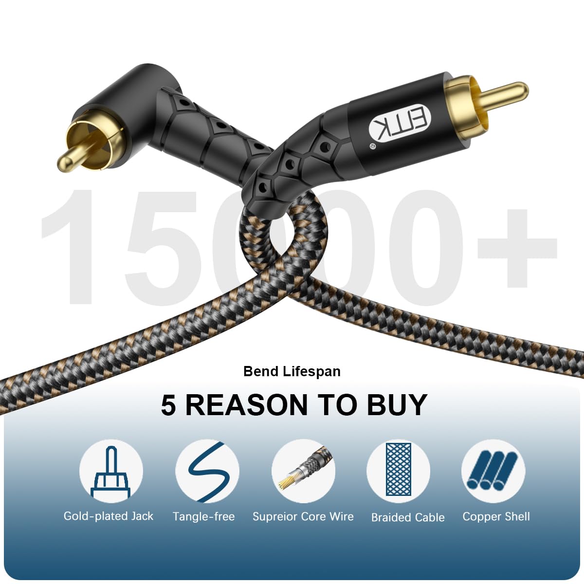 EMK 90 Degree RCA Subwoofer Cable 24K Gold-Plated Connector Nylon Braided Double Shielded – Support Digital & Analog Signals for Amplifier, Home Theater, Hi-Fi System,Subwoofer Black/15ft/5m