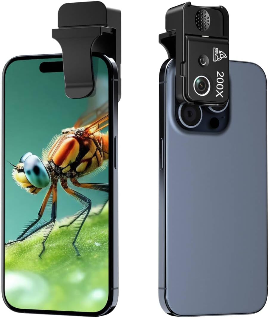 Phone Microscope 200X Pocket Magnifier Camera with CPL Lens/Lights, Zoom Universal Portable Phone Microscope with Clip for 99% Phone, Perfect for Coin/Stamp/Plant Inspection