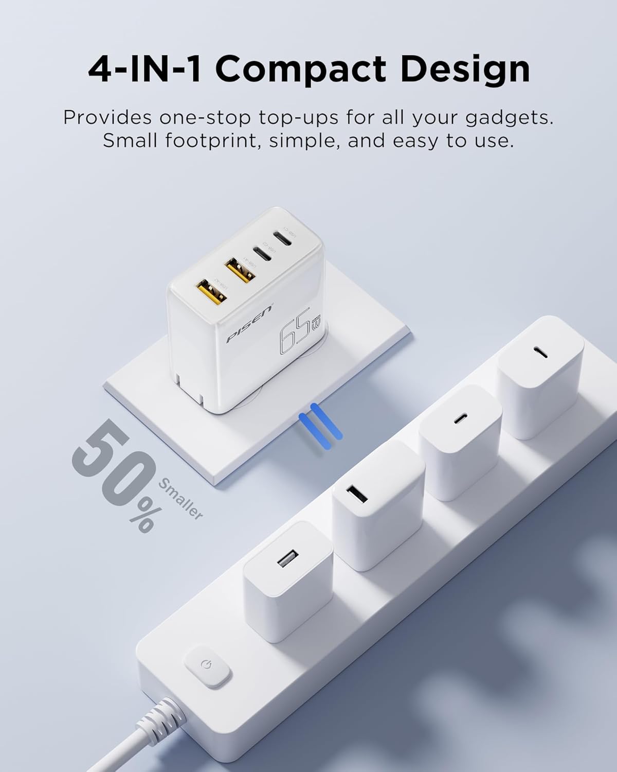 PISEN 65W USB C Fast Charger - 4FT USB-C Cable, 4-Port Compact Foldable GaN Charger, PPS for MacBook Pro/Air, iPad Pro, Galaxy S23, iPhone Series