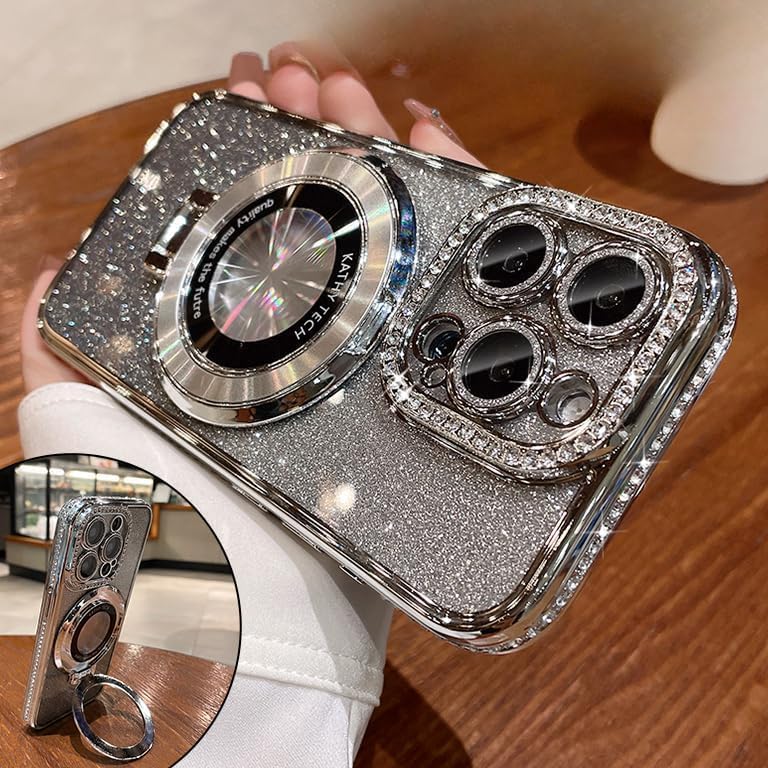 Magnetic Kickstand (Glitter Lens Protector ) Case for iPhone 16 15 14 13 Pro Max (Compatible with Magsafe ) Sparkling Diamond Cover Glitter Shiny Rhinestone Cases (Silver,for iPhone 16 Pro Max)