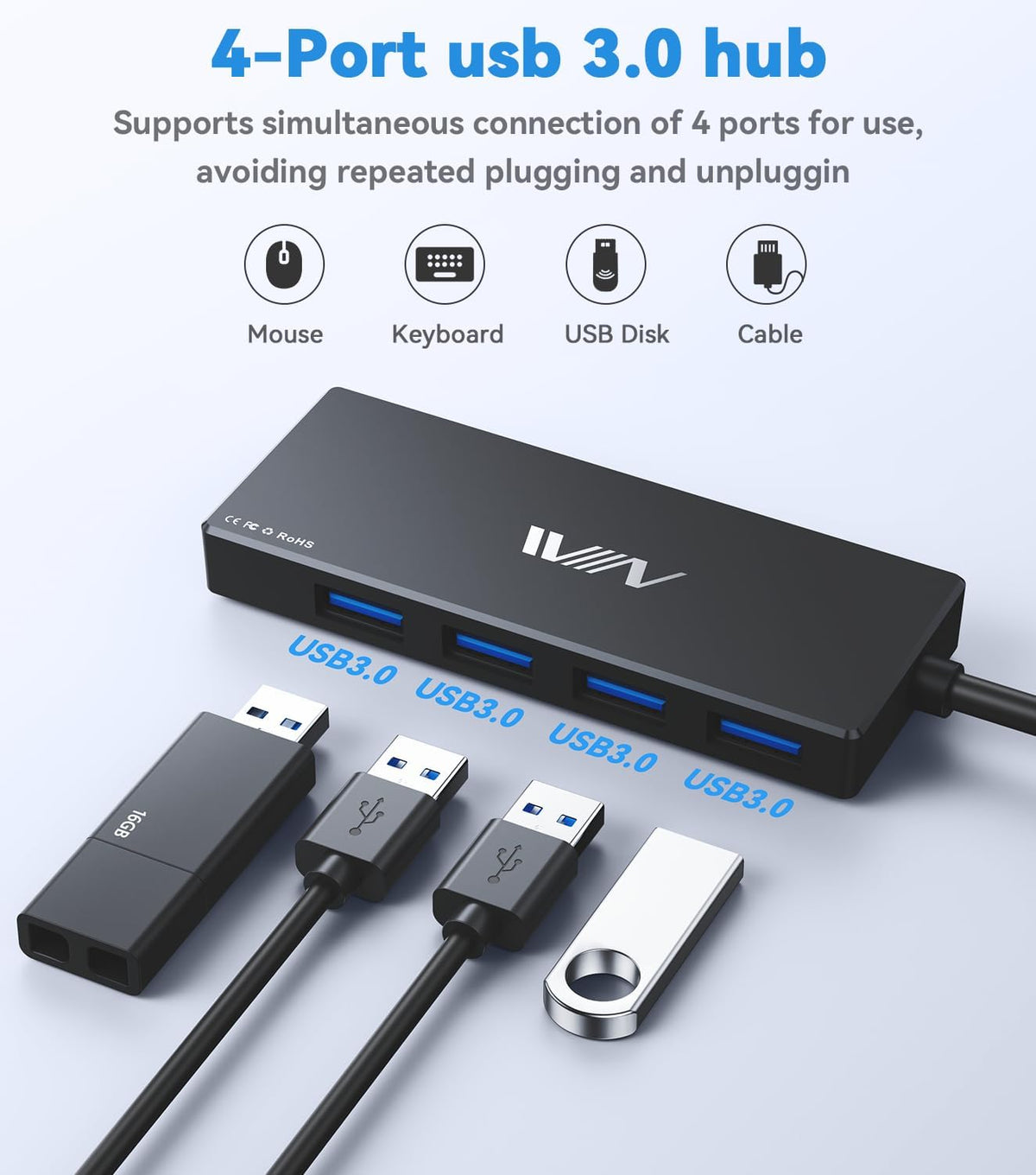 USB 3.0 Hub,4 Port USB Splitter Extender Portable Adapter Multiport Data Hub for Laptop,Xbox, Flash Drive,HDD,Console,Camera,Keyborad,Mouse Windows,Mac OS PC,Not Designed to Charge Devices-Black