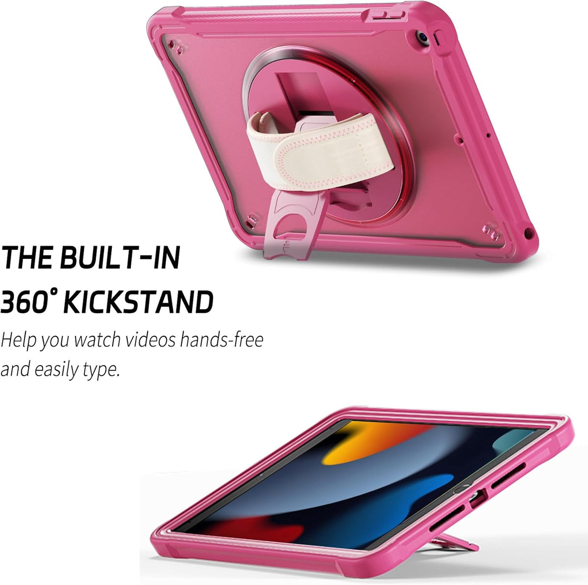 ZenRich Clear Case for iPad 9th/8th/7th Generation 10.2 inch 2021/2020/2019, Shockproof Slim Hard Case with Pencil Holder/360°Rotating Kickstand/Handle/Carrying Strap, Rose