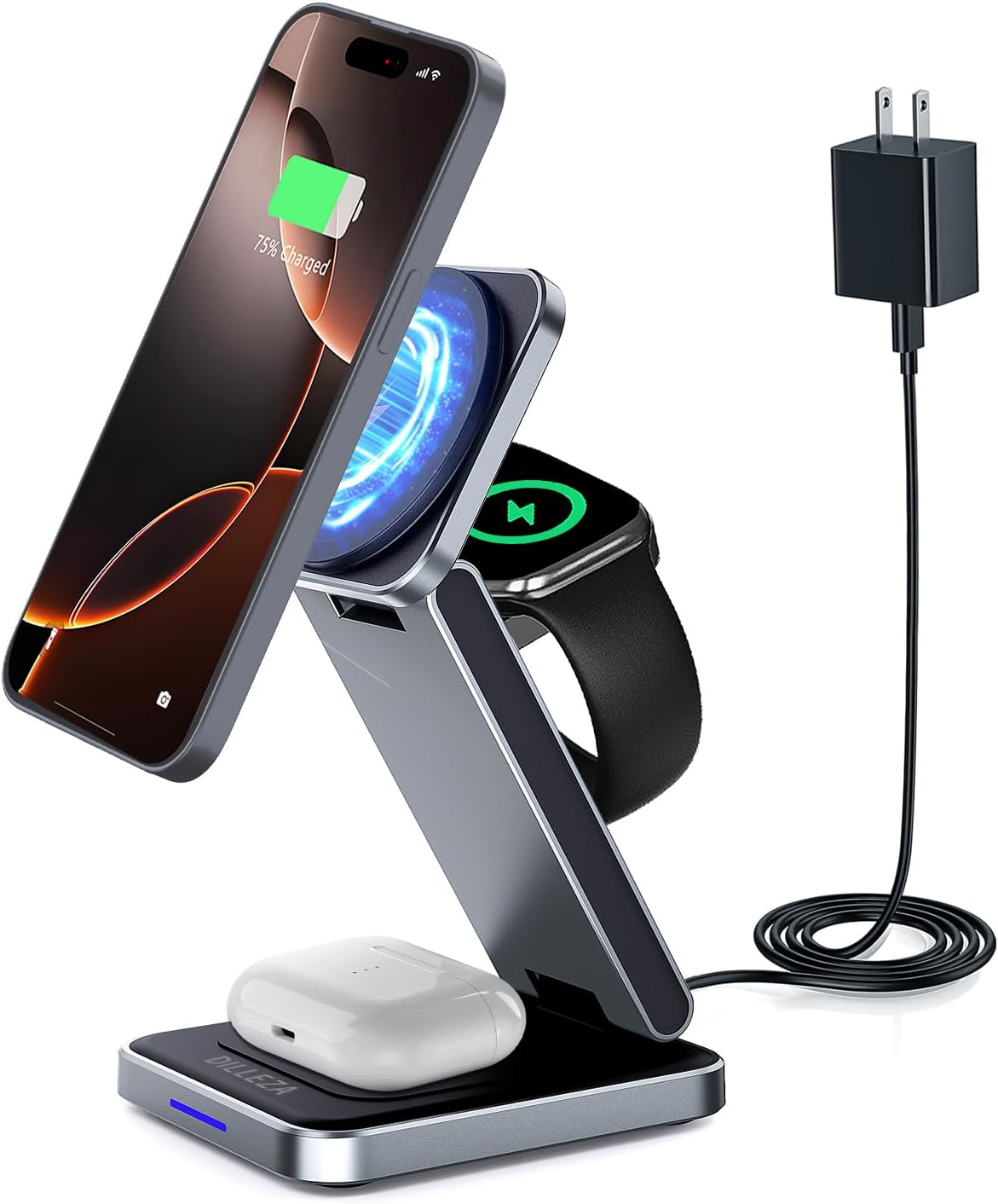 3 in 1 Magnetic Wireless Charger Station for iPhone 16/15/14/13/12 Series Mag-Safe Charging Station for Apple Watch Series 10-2/Ultra2/1/SE Foldable Wireless Charger for AirPods 4 3 2 1 Pro