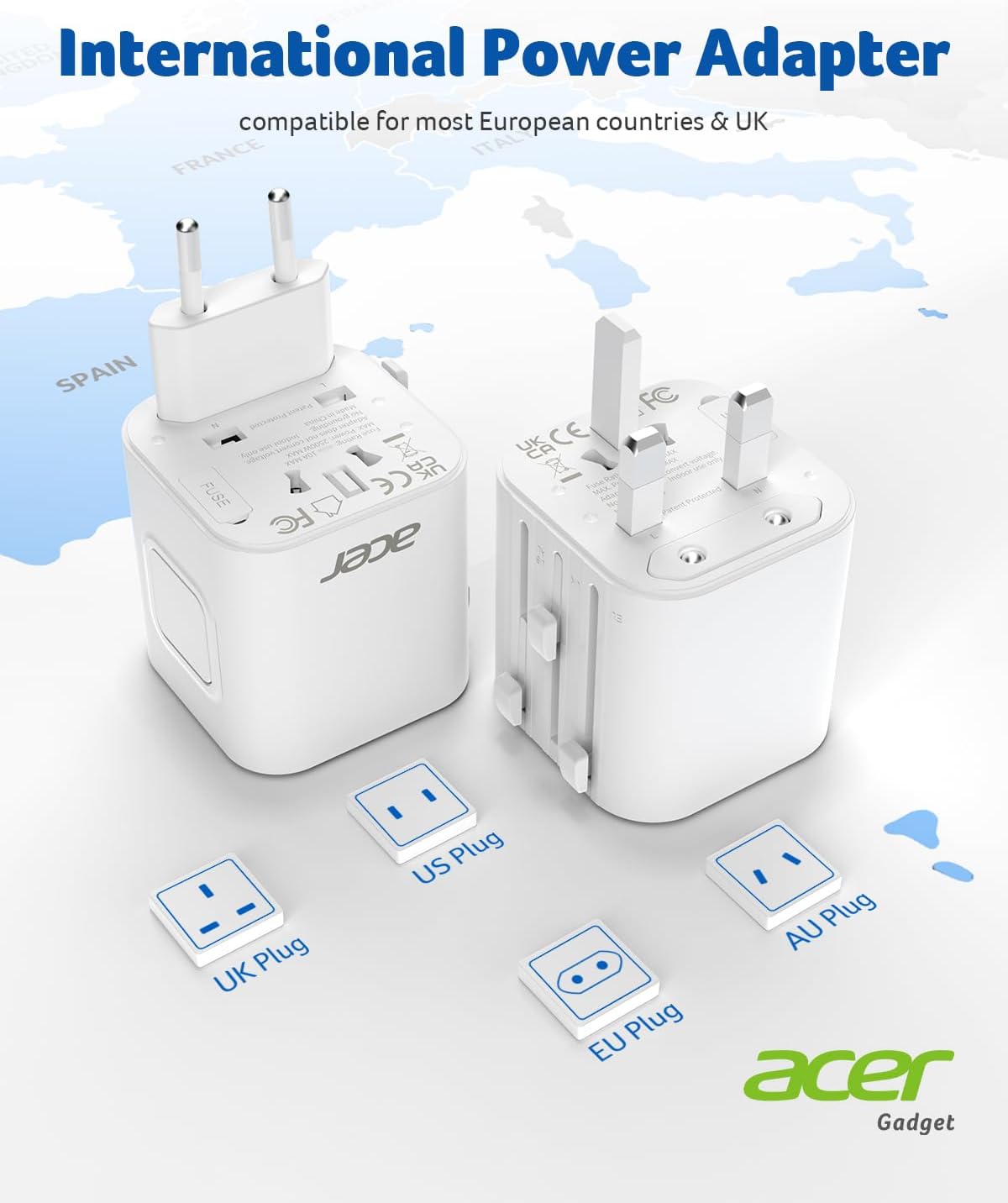 Acer US to Europe Plug Adapter, Universal Travel Adapter, International Power Adapter for USA to Europe UK France Germany Spain Ireland Australia (Type C/G/A/I),White