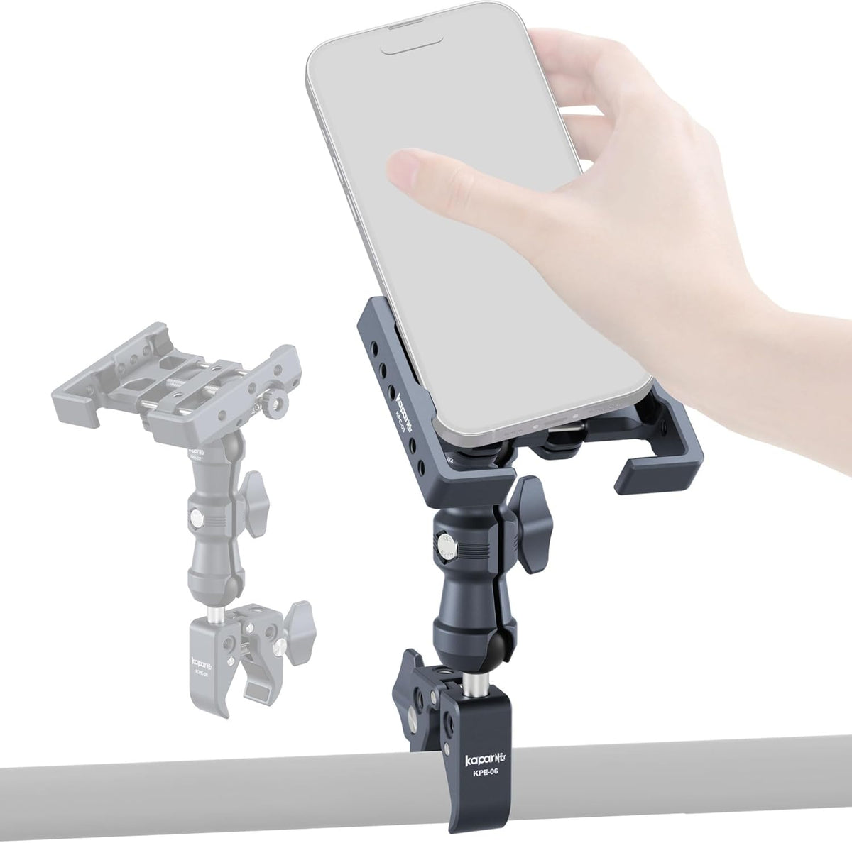 Riding Phone Holder Kit, Include Dual Socket Arm/Handlebar Strong Rod Clamp/Adjustable Phone Clip, Suitable for 5.5-7" Smartphone, Installed on 0.55-1.77" Diameter Rail Round Rod (KPS-14)