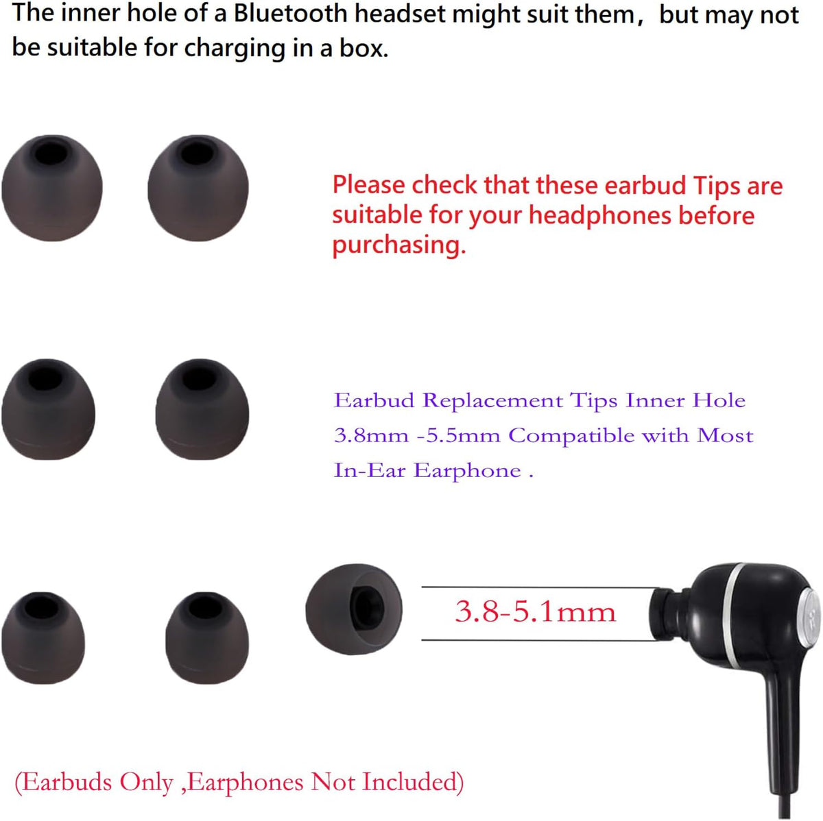 Earbud Tips Replacement Earbud Tips Ear Bud Replacement Pieces Silicone Soft and Comfortable Fit for Inner Hole from 3.8mm - 5.1mm Earphones 9 Pairs S/M/L Gray-Black