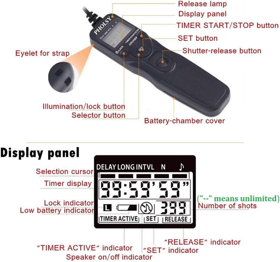 PHOLSY S8 Timer Remote Control Cable with Intervalometer for Sony a1 a9 a9m2 a7 a7M2 a7M3 7RM2 a7RM4 a7S a7SM3 a7SM2 a3500 a6600 a6500 a6100 RX100M5 RX100M6 RX100M7 HX99 HX90 HX350 HX400