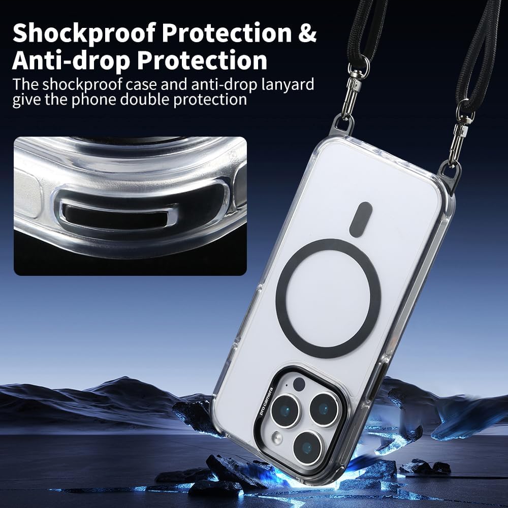 for iPhone 15 Pro Case with 62.99 inch Lanyard, Classic Clear&Black Magnetic Phone Case, Drop&Shockproof Protection Cases, Phone Lanyard for Around The Neck, Compatible with Magnet Accessory