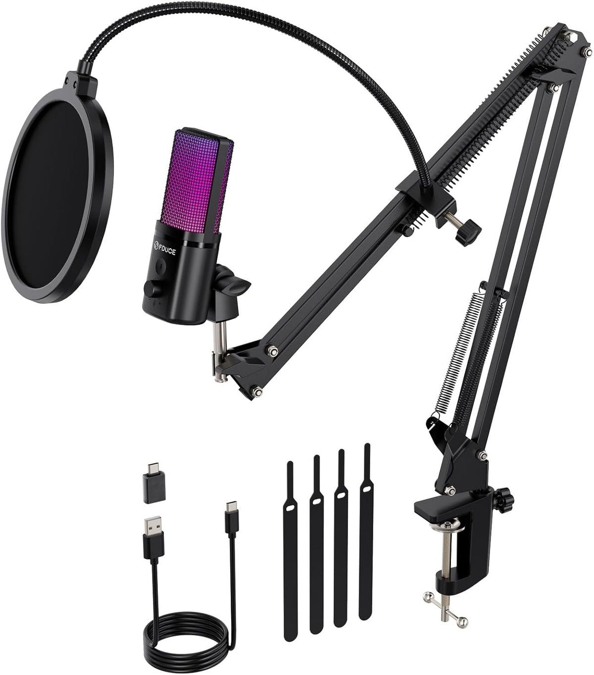 FDUCE Gaming USB Microphone, RGB Condenser mic with Mute, Gain, Monitoring, Boom Arm for Streaming, Podcast, Twitch, YouTube, PC, Computer, PS5, (M160+)