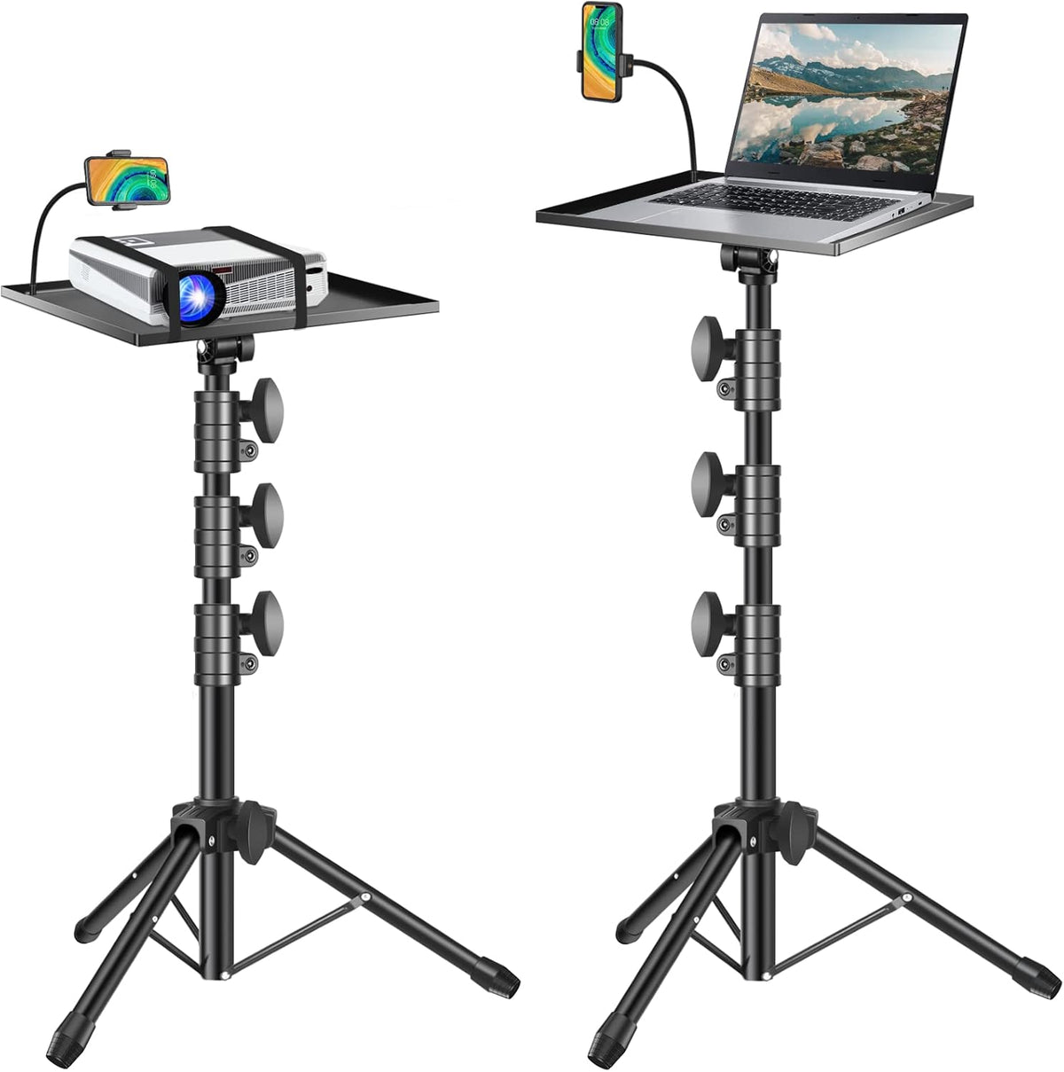 Projector Stand Tripod, Portable Laptop Floor Mount Adjustable Height 26 to 52 Inch with Gooseneck Phone Holder for Outdoor Movies-Detachable Computer DJ Racks