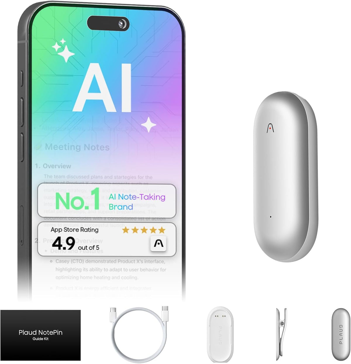 Plaud NotePin AI Voice Recorder, Voice Recorder with Adjustable Wearable Strap & Neck Strap Lanyard, Transcribe & Summarize with AI Technology, 64GB Memory