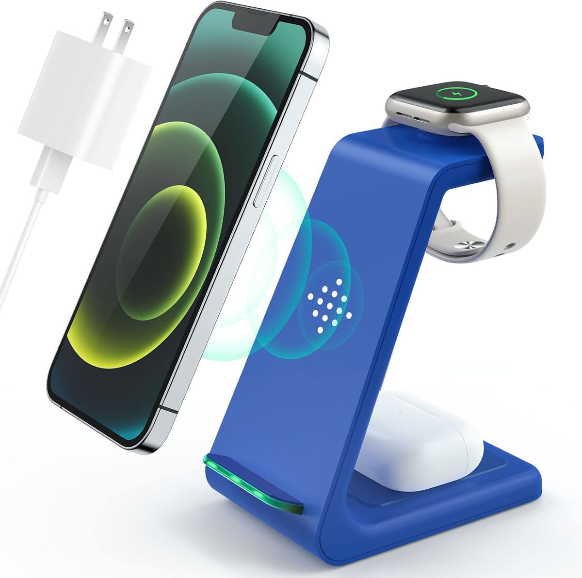 3 in 1 Wireless Charging Station, 2025 Upgraded Fast Desk Charger Station for iPhone 16 15 14 13 12 Pro Max Plus, Charger Stand for Apple Watch 10 9 8 7 6 5 4 3 2 SE, Airpods 4 3 2 Pro(Blue)